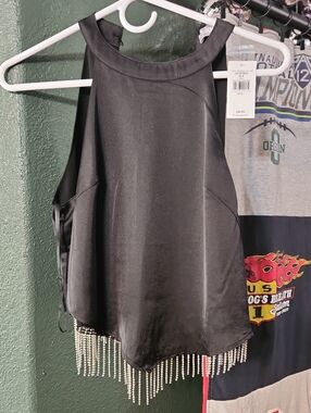 Buckle Black Satin Crop Top with Rhinestone Fringe